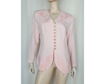 Vtg 80s pink blouse blazer top M/L