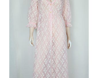 Vtg 60s 70s Slumber Suzy sheer lace ruffle peignoir lingerie robe pink M-L