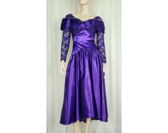 Vtg 80s Blume purple satin lace princess party prom dress S