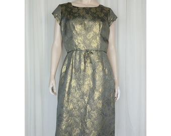 Vintage 60s gold metallic floral brocade party cocktail dress M