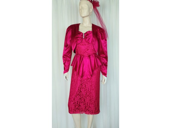 Vtg 80s pink satin peplum lace party dress set en… - image 10