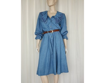 Vintage 80s blue denim ruffle shirt dress M
