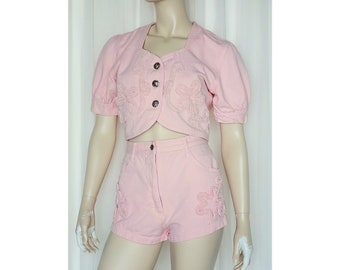 Vtg 80er Switch Denim Top & Booty kurzes Set 2teilig rosa XS / S