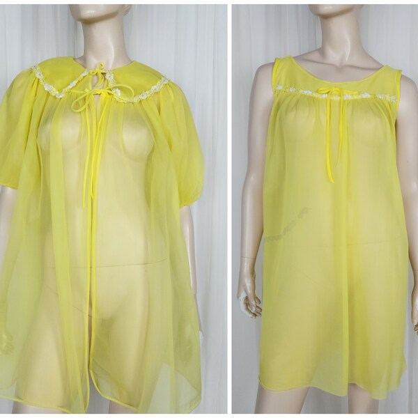 Vtg 2pc peignoir nightgown robe nightie lingerie set yellow S-M