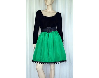 Vtg 80s velvet green taffeta belted pom pom party dress SM