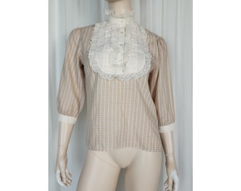 Vintage 70s victorian style high ruffle lace check blouse top M