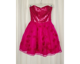 Y2K Betsey Johnson Pink Silk Organza Sequin Floral Strapless Mini Party Dress 0