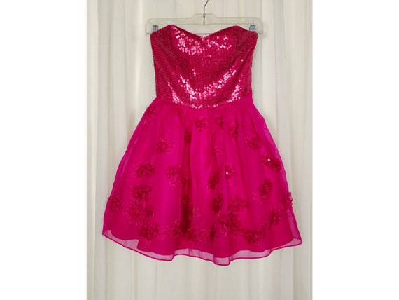 Y2K Betsey Johnson Pink Silk Organza Sequin Flora… - image 1