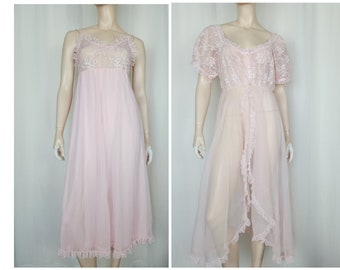 Vtg 80s 2pc peignoir nightgown robe nightie set lace pink S/M