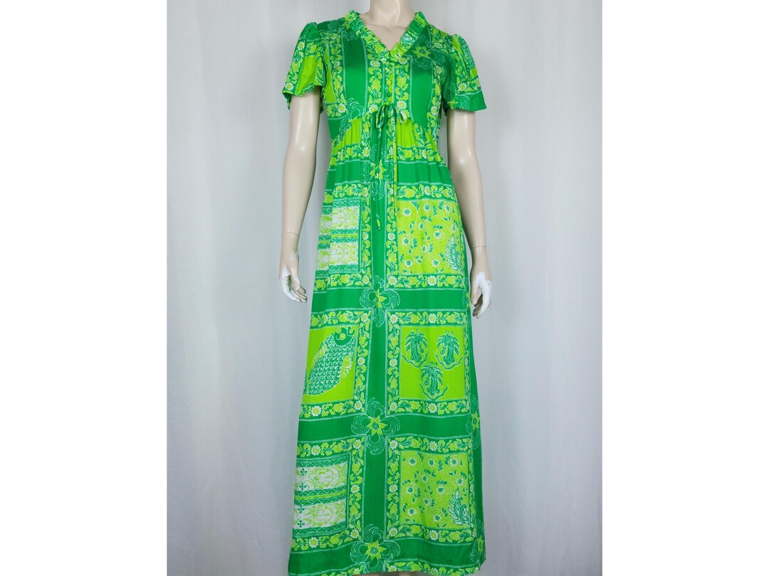 Vtg 70s Hawaiian Maxi Dress Green M Great Rags - Etsy