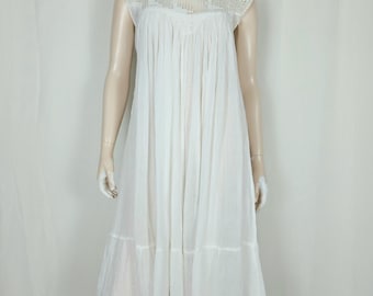 Vtg 70s crochet cotton gauze trapeze dress white OSFM