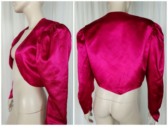 Vtg 80s pink satin peplum lace party dress set en… - image 6