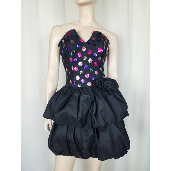 Mini-robe de bal de promo Jessica McClintock à sequins et à sequins VTG, noir, taille XXS/XS 24