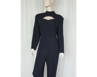 Vtg 80s Joseph Ribkoff peekboo stud catsuit stirrup pant black bodycon jumpsuit L/XL