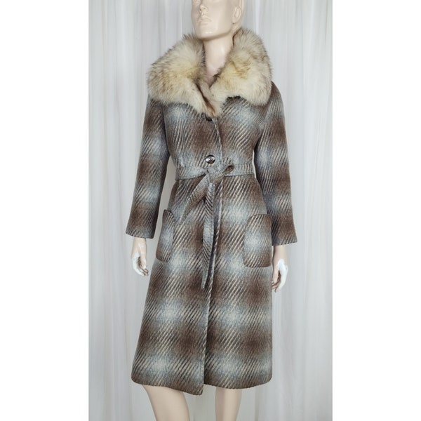 Vtg 70s 80s wool plaid fur collar belted coat S/M