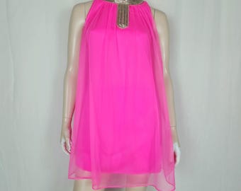 Vtg 60s mod babydoll & panty set neon pink XS-SM beaded collar