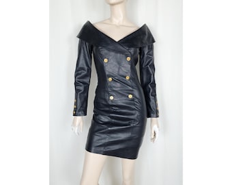 Vtg 80s North Beach Leather off shoulder leather dress black XS