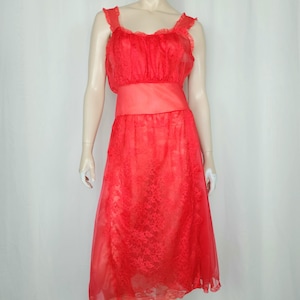 Vtg 50s red nylon lace nightie slip M