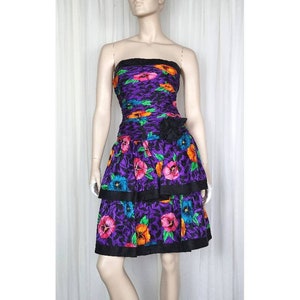 Vintage 80s A.J. Bari silk flower strapless garden party prom cocktail dress 4