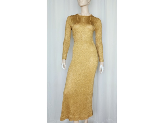 Vtg 70s gold knit metallic maxi dress XS/S - image 1