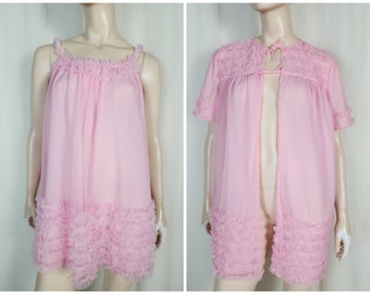 Vtg 60s Prova peignoir ruffle babydoll nightgown robe set pink S/M