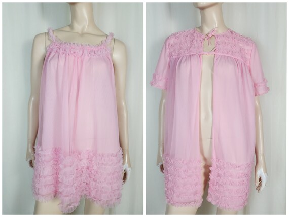 Vtg 60s Prova peignoir ruffle babydoll nightgown … - image 1