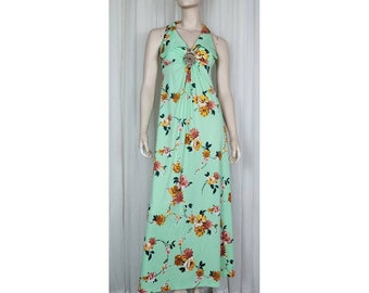 Vtg 70s floral empire sleeveless maxi dress green S/M