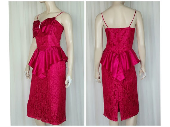 Vtg 80s pink satin peplum lace party dress set en… - image 4