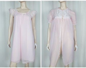Vtg 60s Patricia peignoir 2pc lingerie nightgown robe set pink S-M
