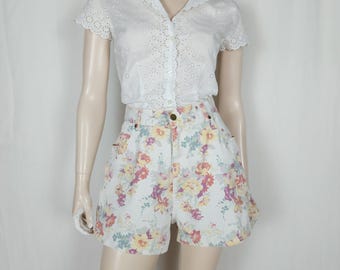 Vtg 80s 90s floral cotton denim shorts M