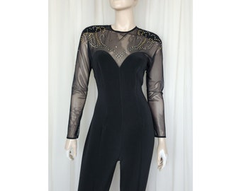 Vtg 80s sheer mesh studded catsuit stirrup pant black bodycon jumpsuit M