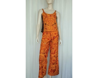 Vintage india cotton embroidered mirror tank top and pant set S