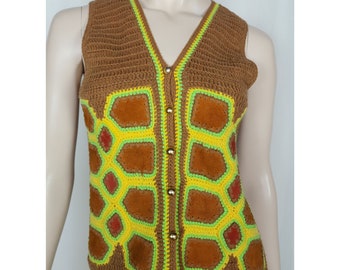 Vtg 70s crochet suede patchwork knit sweater vest S/M