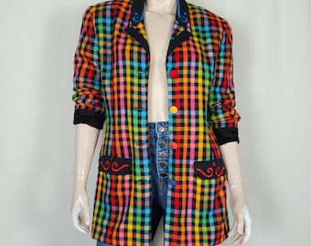 Vtg 80s 90s rainbow check plaid blazer M