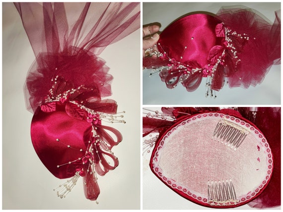 Vtg 80s pink satin peplum lace party dress set en… - image 9
