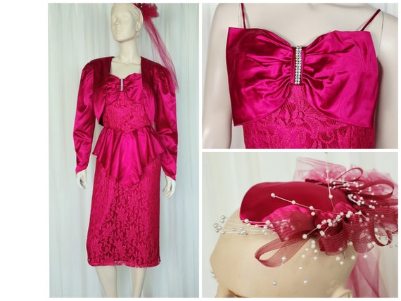 Vtg 80s pink satin peplum lace party dress set en… - image 1