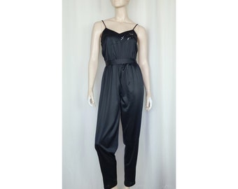 Vtg 70s 80s disco jumpsuit tapered leg black S/M