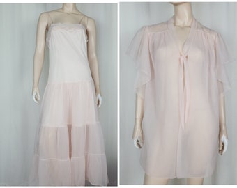 Vtg French Maid tiered slip dress nightgown flutter bed jacket short robe M