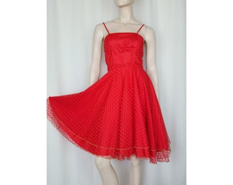 Vtg 80s red dot mesh tulle prom party dress XS/S