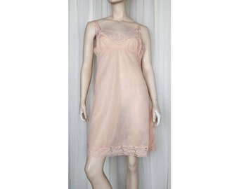 Vintage sheer peach nylon full dress slip L