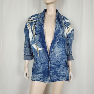 Vtg 80s embellished denim jean jacket blazer M/L Monique Fashions