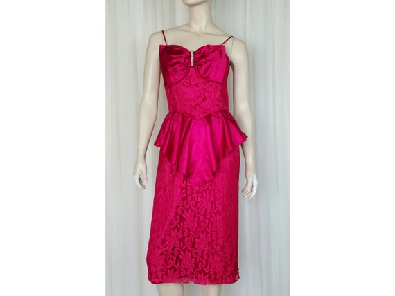 Vtg 80s pink satin peplum lace party dress set en… - image 2
