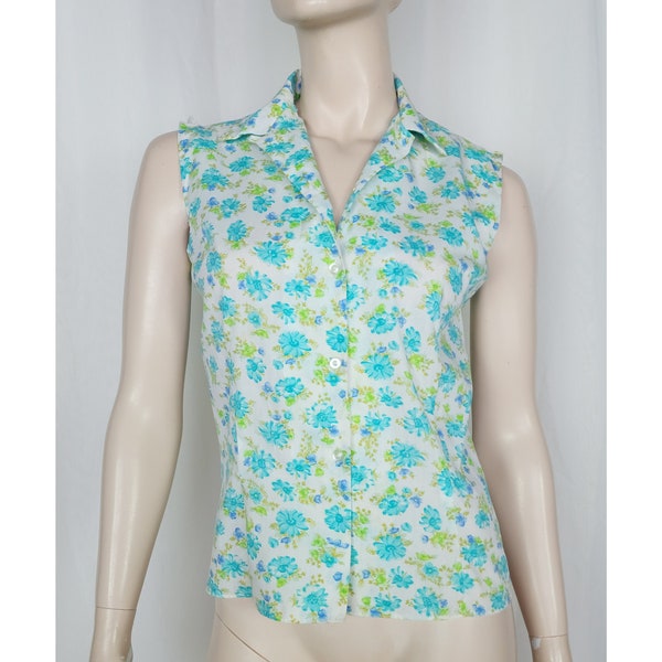 Vtg 60s Eatons sleeveless floral blouse top blue M