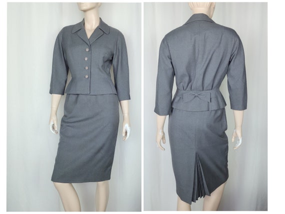 Vtg 1950s Auckie Sanft grey wool skirt suit set |… - image 1