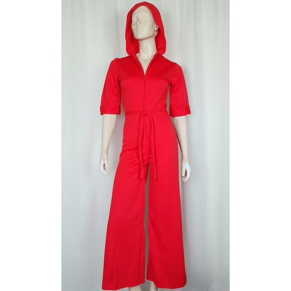 Vtg 70s hooded zip front wide leg jumpsuit red XS/S