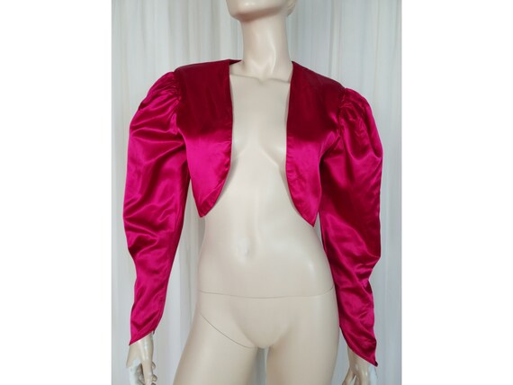 Vtg 80s pink satin peplum lace party dress set en… - image 5