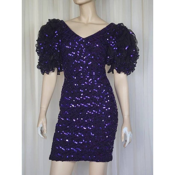 Vintage 80s purple sequin ruffle bodycon mini party dance dress XS