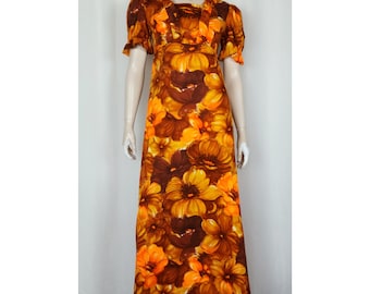 Vtg Hawaiian barkcloth maxi dress brown orange floral S/M