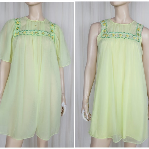 Vtg 50s 60s peignoir set nightgown robe 2pc negligee nightie set green S-M