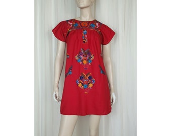 Vtg Mexican red embroidered tunic shift mini dress *as is*